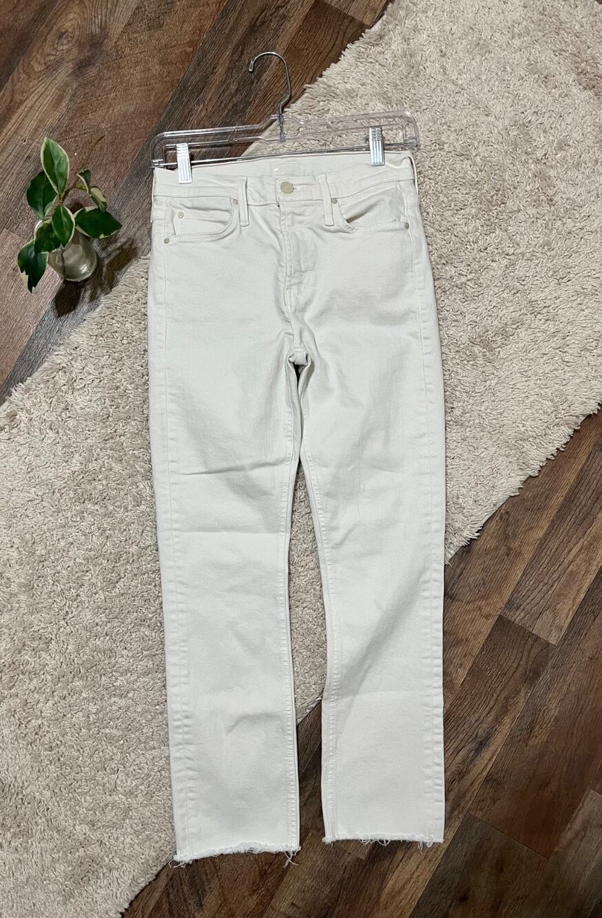 MOTHER Size 25 White Mid-Rise Frayed Hem Cropped Dazzler Slim Straight Jeans